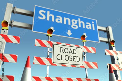 Traffic barricades near Shanghai city traffic sign. Lockdown in China conceptual 3D rendering © Alexey Novikov