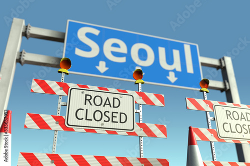 Traffic barricades near Seoul city traffic sign. Lockdown in South Korea conceptual 3D rendering © Alexey Novikov