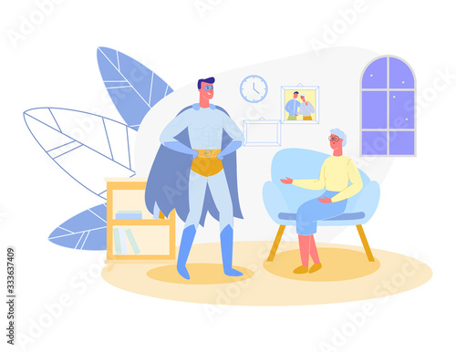 Grey Haired Senior Woman, Wearing Grasses, Sitting on Blue Sofa in Living Room, Taking Rest, Talking to Man in Super Hero Costume. Universal Wonder Helper, Ready to Honor Any Request.