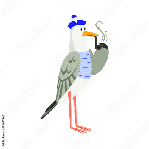 Smoking seagull or cormorant. Funny sea bird dressed in a towel with a tube in the wing.