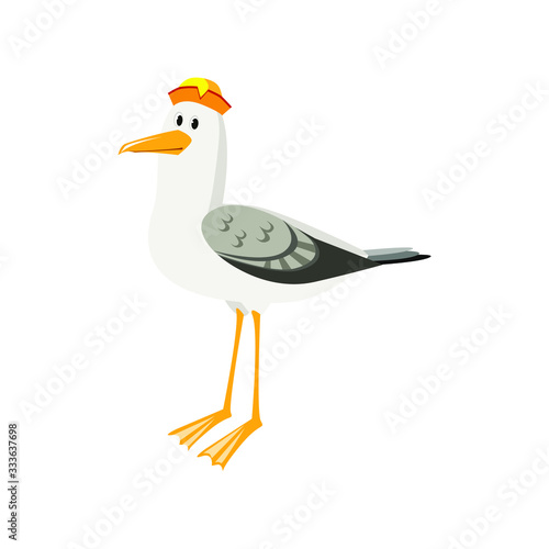 A standing seagull in a fancy hat.