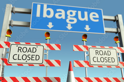Roadblocks near Ibague city traffic sign. Quarantine or lockdown in Colombia conceptual 3D rendering © Alexey Novikov