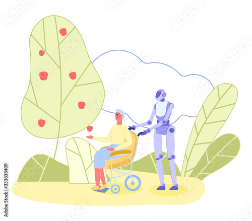 Clever and Helpful Humanlike Robot, Irreplaceable House Helper, Pushing Wheel Chair with Senior Woman, Breathing Fresh Air in Open. Apple Orchard with Red Ripe Fruits. Safe Robotics Idea Concept.