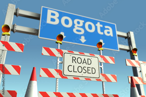 Roadblock near Bogota city road sign. Quarantine or lockdown in Colombia conceptual 3D rendering © Alexey Novikov
