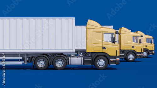 Three Lined Up Container Trucks in Yellow and White Colors on Blue Background 3D Rendering