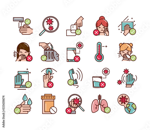 avoid and prevent spread of covid19 icons set line and file icon
