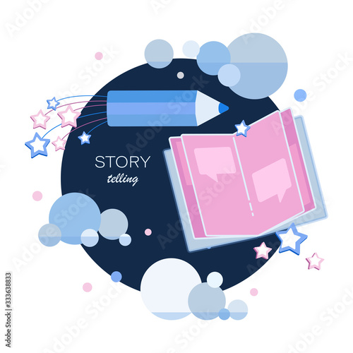 Story telling. Emblem. Notebook, space pencil, stars and clouds. Tell your story. Author. Blogs for children. Story time, fantasy stories. Design for children's t-shirt, notebook cover, album.