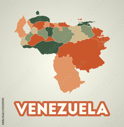 Venezuela poster in retro style. Map of the country with regions in autumn color palette. Shape of Venezuela with country name. Awesome vector illustration.