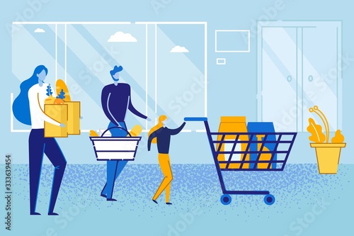 Happy Family Shopping. Father, Mother and Little Kid Holding Paper Bag, Cart and Trolley after Visiting Supermarket for Purchases, Child with Parents Market Weekend. Cartoon Flat Vector Illustration