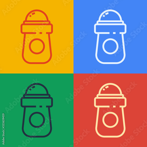 Pop art line Antiperspirant deodorant roll icon isolated on color background. Cosmetic for body hygiene. Vector Illustration