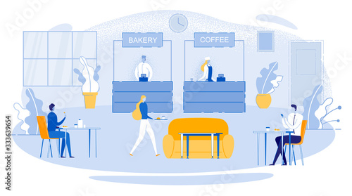 Corporate Food Court Flat Vector Illustration. Young Workers Enjoying delicious Breakfast in Cafeteria. People on Lunch, Meal Break Cartoon Characters. Cashiers selling Baking and Coffee