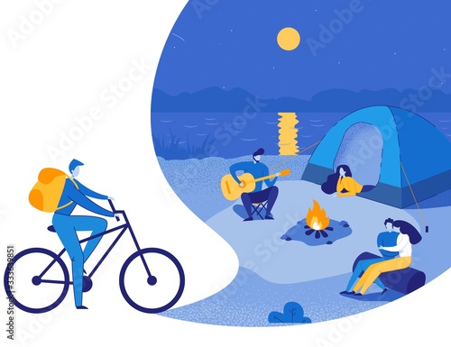 Tourists Scenes Set. Campfire Adventure with People, Man and Woman Cartoon Characters Gatherd near Tent, Sing Songs and Listen to Music. Tourist on Bicycle. Flat Vector Illustration.