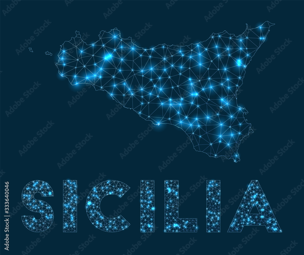Sicilia network map. Abstract geometric map of the island. Internet connections and telecommunication design. Trendy vector illustration.