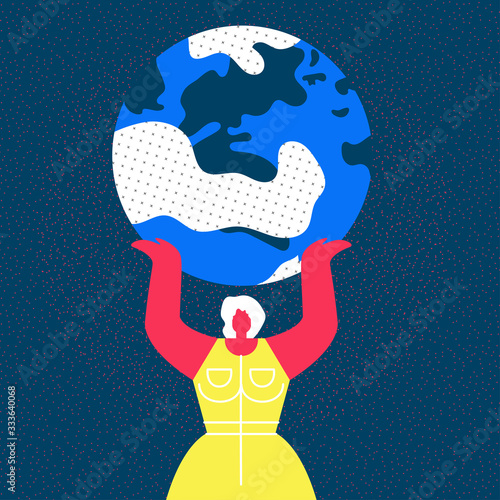 Lady Hold Planet Earth Flat Vector Illustration. Strong Female Character with Globe in Hands. Women Strength, Empowerment, Equality. Human Rights. Girl Power, Environment Protection Symbol