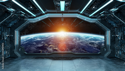 Fototapeta Naklejka Na Ścianę i Meble -  Dark blue spaceship futuristic interior with window view on planet Earth 3d rendering