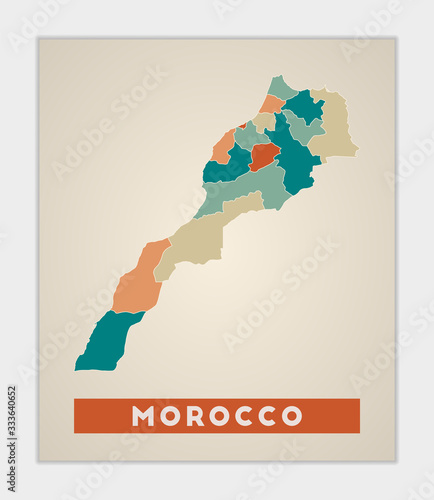 Morocco poster. Map of the country with colorful regions. Shape of Morocco with country name. Modern vector illustration.