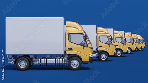 Lined Up Cargo Trucks in Yellow and White Colors on Blue Background 3D Rendering