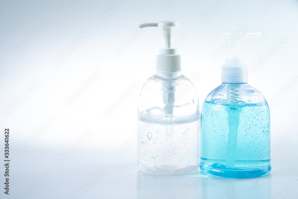 Hand sanitizer gel pump bottle amd alcohol spray for Coronavirus disease (COVID-19) prevention home quarantine, health care concept