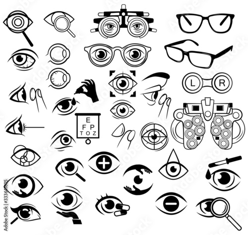 Set of ophthalmic equipment. Collection of silhouette ophthalmic products for the treatment of eyeball, Snellen table, glasses for eye examination. Eye doctor.Vector illustration on  white background.