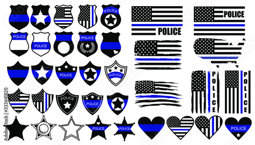 Set of cops thin blue lines. Collection of officer items badge, icon and national flag. Vector illusration of thin line for US police.