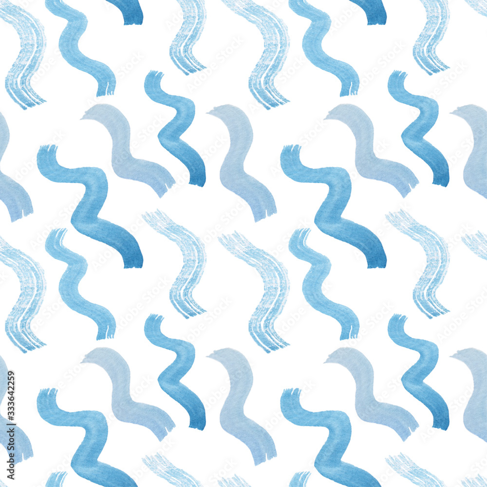 Seamless watercolor painted pattern with blue waves on a white background Seamless watercolor painted pattern with blue waves on a white background