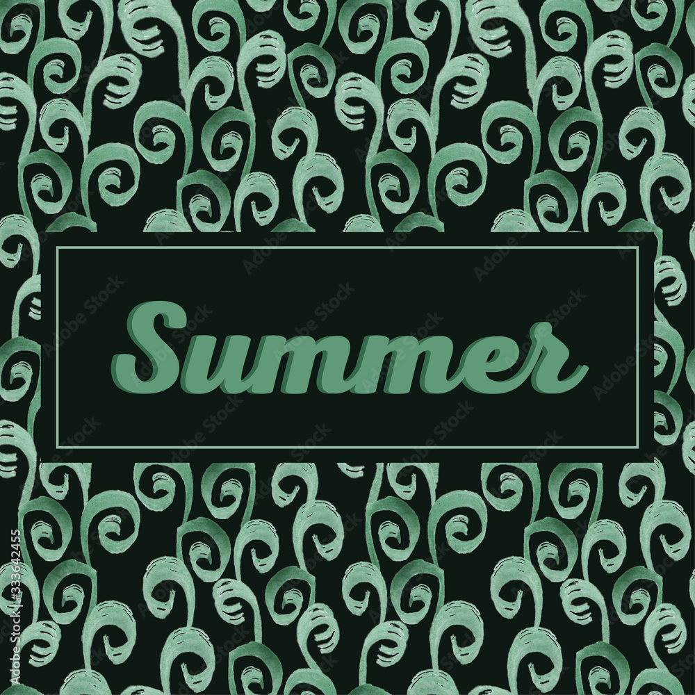 Seamless watercolor pattern with the inscription Summer on a black background with green leaves.