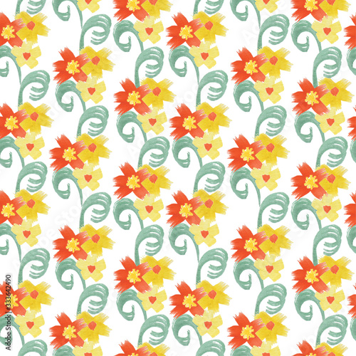 Seamless watercolor pattern with colorful flowers and green leaves on a white background