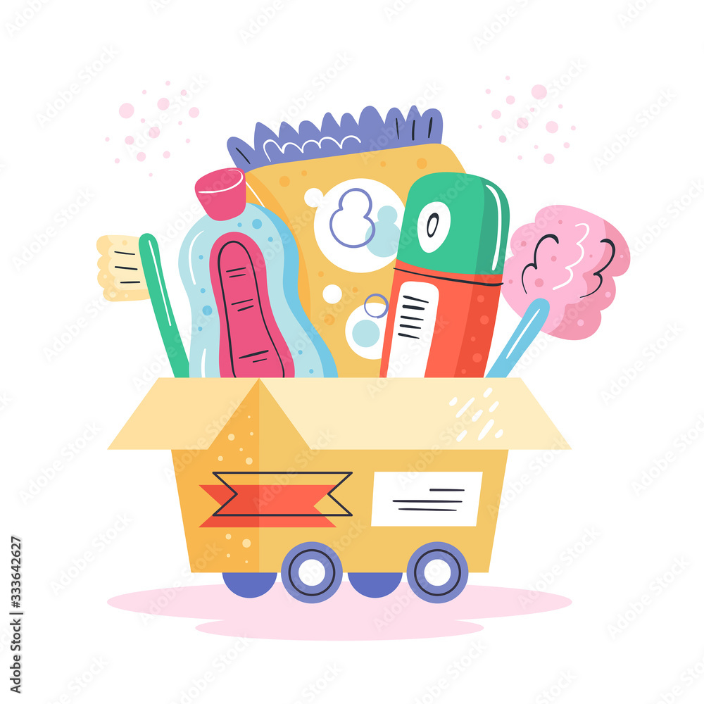 Fast  delivery. Toothbrush, antiseptic,washing powder, deodorant, bath. Fast shop service.  Coronavirus pandemic self isolation, health care, protection. Flat colourful vector illustration, art.