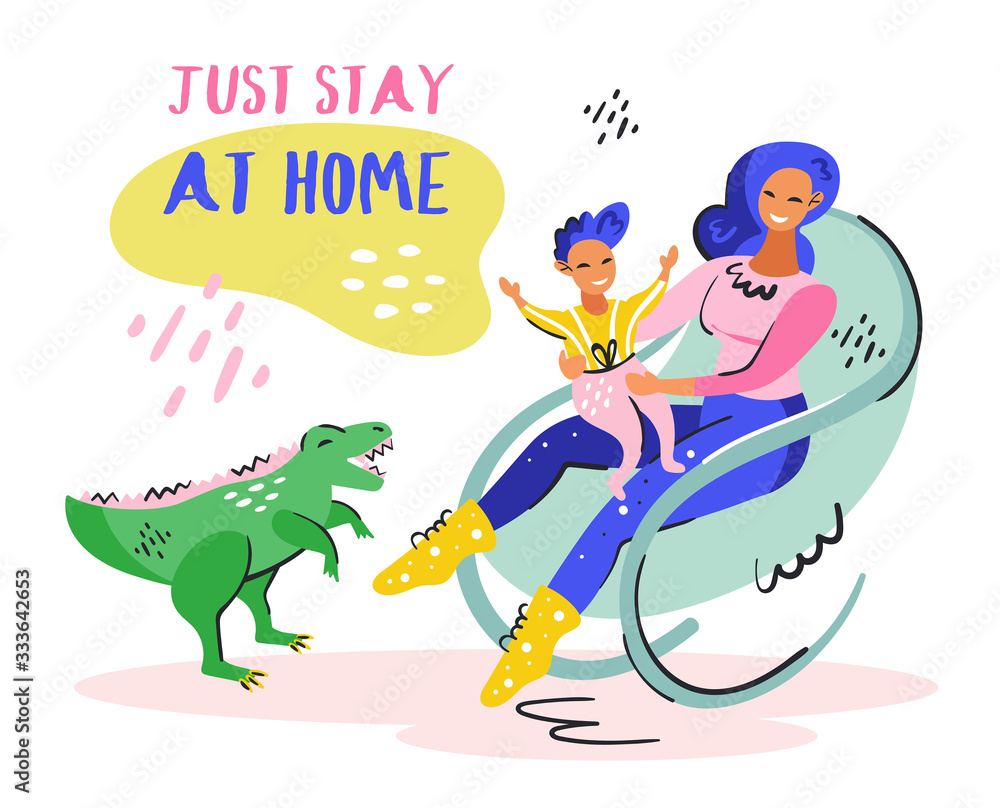 Just stay at home. Young smiling girl with little kid on the chair. Green cute dino. Coronavirus pandemic self isolation, protection. Flat colourful vector illustration isolated on white background. Just stay at home. Young smiling girl with little kid on the chair. Green cute dino. Coronavirus pandemic self isolation, protection. Flat colourful vector illustration isolated on white background.