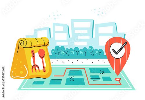 Safe food delivery. Package of food. Fast service. Geolocation. Coronavirus pandemic self isolation, health care, protection. Flat colourful vector illustration, art isolated on white background.