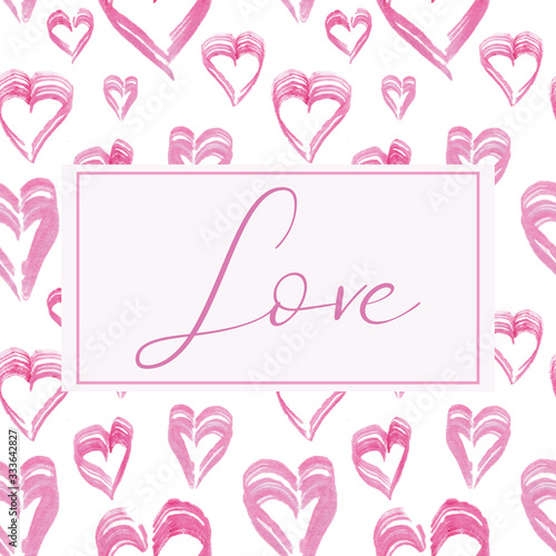 Painted in watercolor pink hearts. Smears of paint, the inscription 