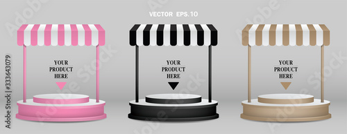 Product display stand with awning 3D illustration vector.