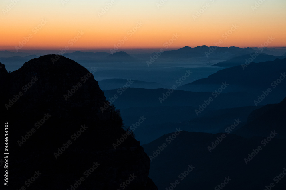 beautiful sunset seen from the top of Monte Cervati. Cilento and Vallo di Diano national park, Salerno, Campania, Italy