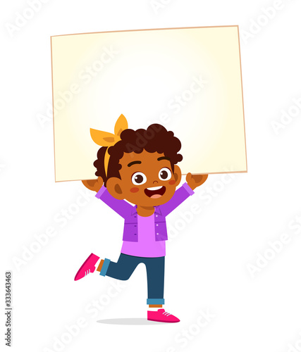 happy cute little kid girl with blank banner