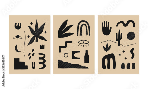 Fotografie Set of 3 modern aesthetic posters with hand drawn design elements, plants, geometric shapes