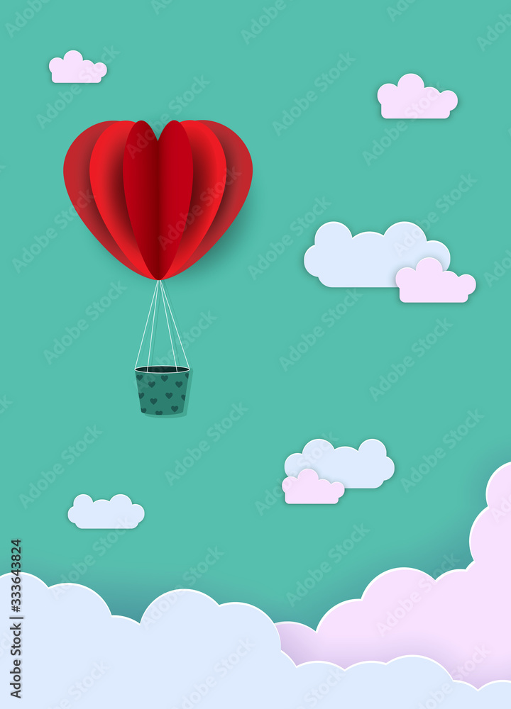 Abstract background in paper style. Red hearts, balloons on a green background. Vector vertical view