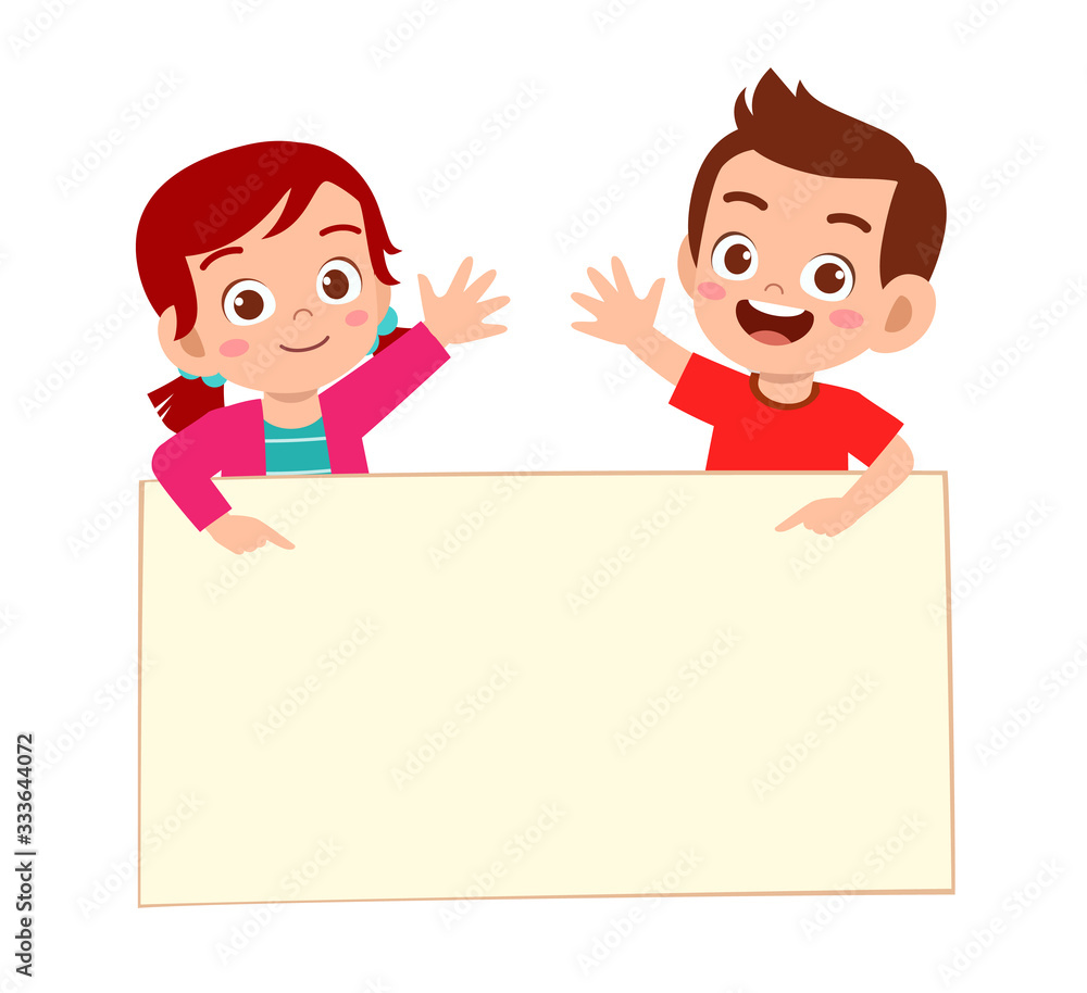 happy cute little kid boy and girl with blank banner happy cute little kid boy and girl with blank banner