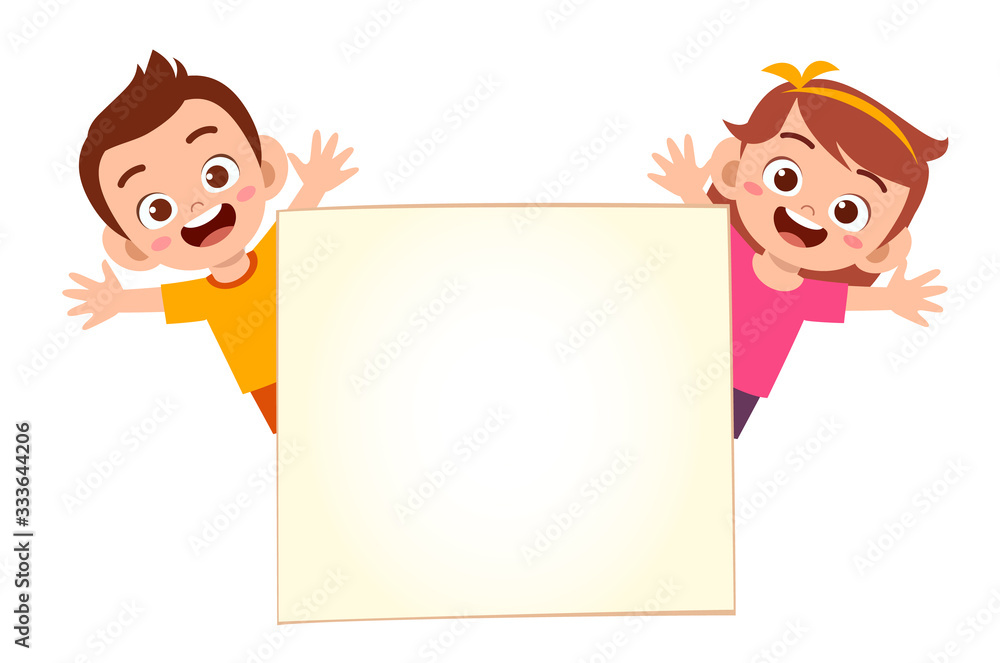 happy cute little kid boy and girl with blank banner happy cute little kid boy and girl with blank banner
