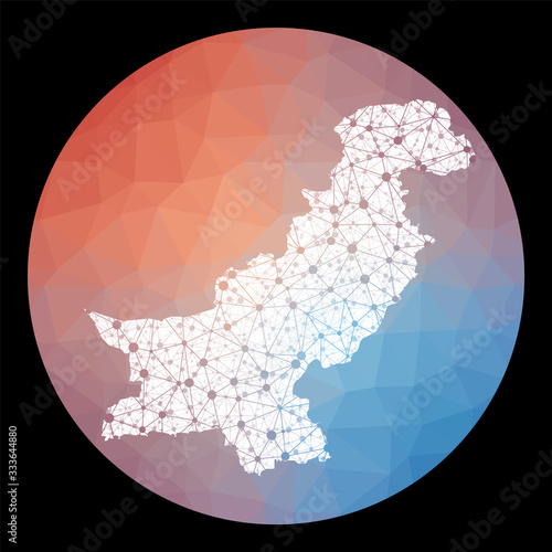 Vector network Pakistan map. Map of the country with low poly background. Rounded Pakistan illustration in technology, internet, network, telecommunication concept style. Neat vector illustration.