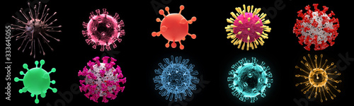 Quadro su tela Set of microscopic virus cell of various color and shape isolated on black background