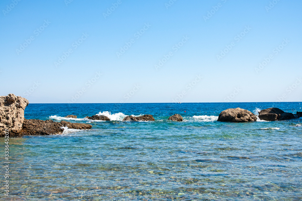Coastal view and Mediterranean Sea, rocks and sea water, Kiris, Turkey