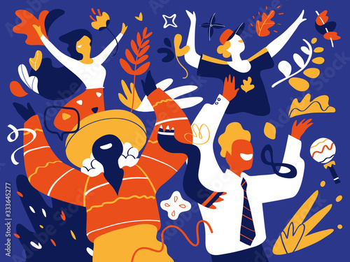 Uomini e donne sorridenti e felici ballano alla festa. Design per festeggiamenti, festival