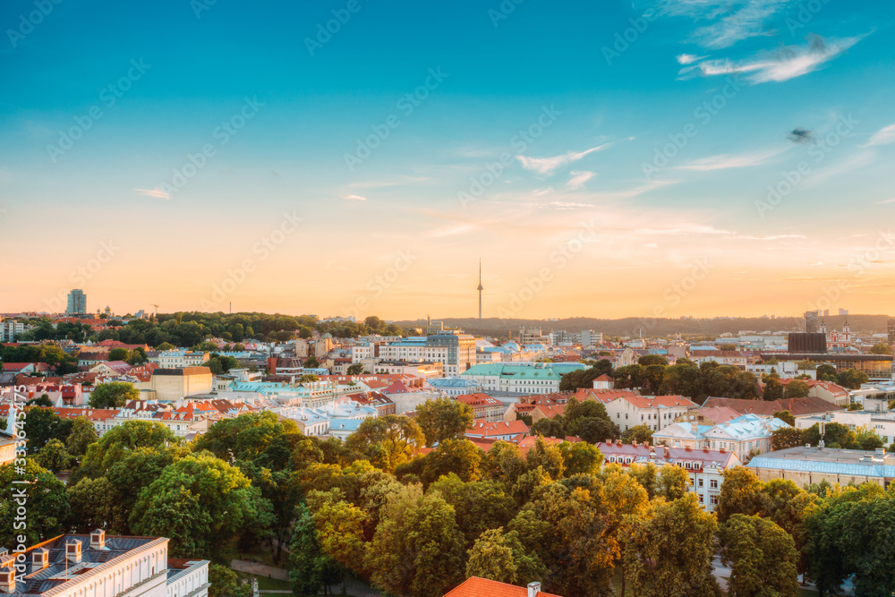 Vilnius, Lithuania. Sunset Sunrise Dawn Above Cityscape In Evening Summer. Beautiful View Of Vilnius Skyline With TV Tower