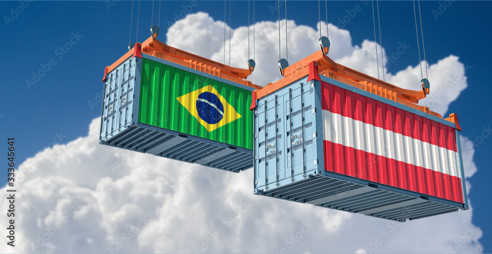 Shipping containers with Brazil and Austria flag. 3D Rendering 