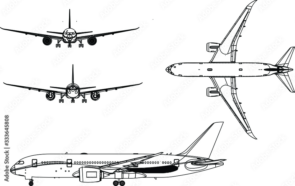Vector. Realistic commercial airplane model isolated on white background. Front, rear, left side view.