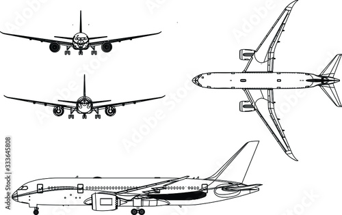 Vector. Realistic commercial airplane model isolated on white background. Front, rear, left side view.