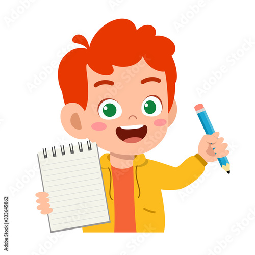 happy cute little kid boy hold notebook and pencil