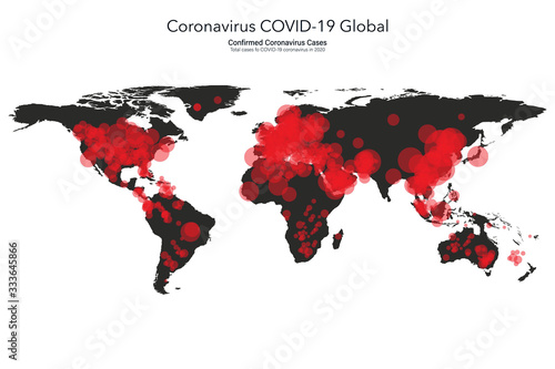 Coronavirus Covid-19 map confirmed cases report worldwide globally. Coronavirus disease 2019 situation update worldwide. Maps show where the coronavirus has spread. vector illustration.