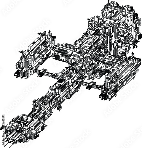 Realistic vector model. Big futuristic alien spaceship isolated on white background. Military spacecraft. Scientific, graphic, axonometric view.