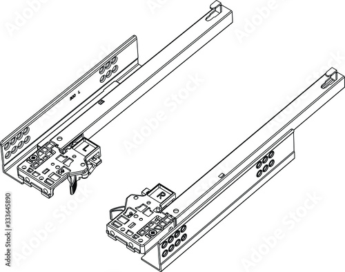 Vector. Tandem kitchen and wardrobe drawer slides with soft close. Close up. Furniture hardware and fittings.